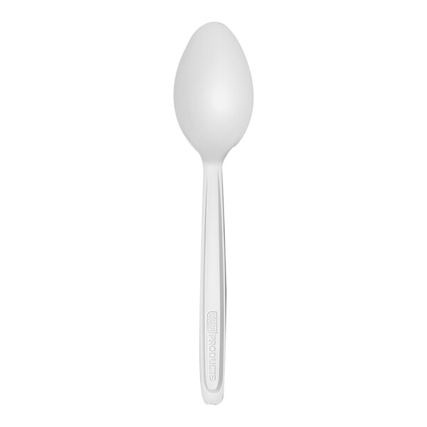 A white compostable plastic spoon designed for use with Cutlerease dispensers.