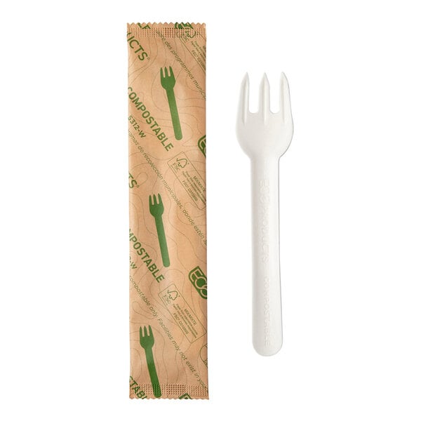 A white wrapped Eco-Products molded paper fork.