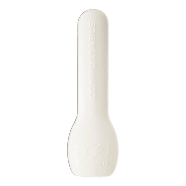 A white plastic spoon with text that reads "Eco-Products" on it.