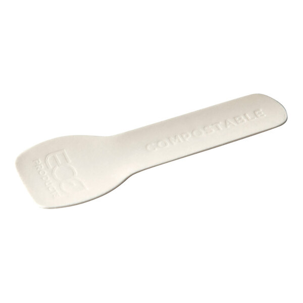 A white molded paper taster spoon with text on it.