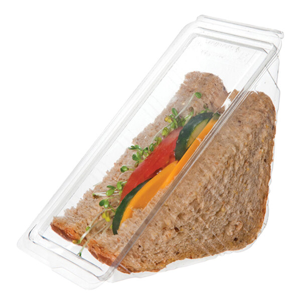 A sandwich in an Eco-Products clear plastic container.