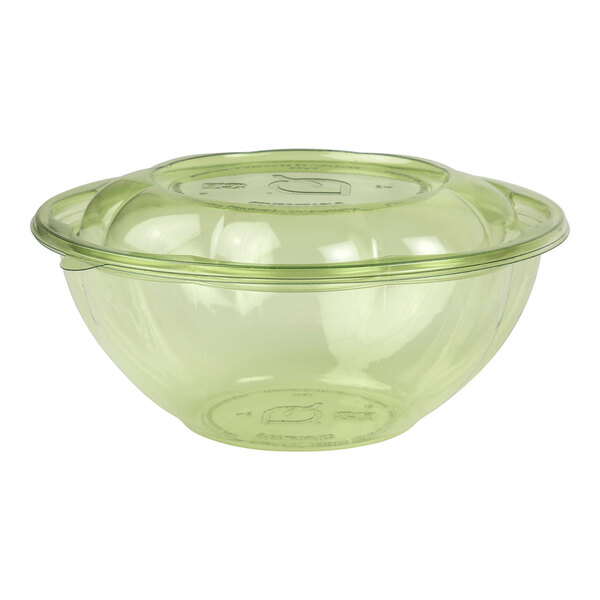An Eco-Products green PLA plastic salad bowl with a clear lid.