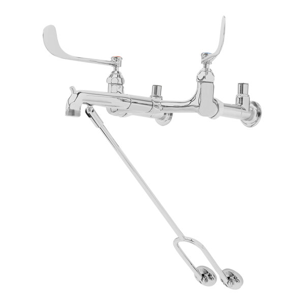 A silver T&S mop sink faucet with two wrist action handles and garden hose connections.