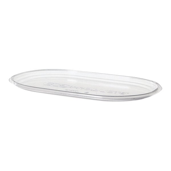 A clear plastic flat lid on a clear plastic deli container.