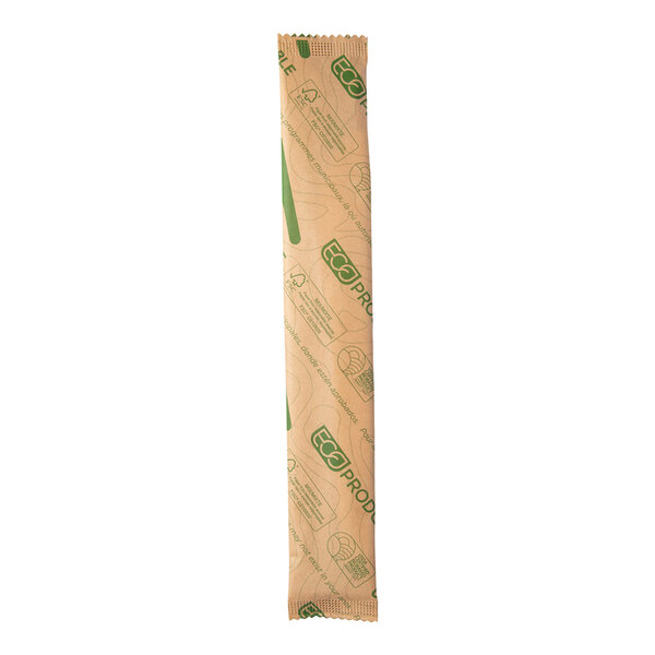 A brown paper bag with green text that reads "Eco-Products Compostable" containing white molded paper knives.