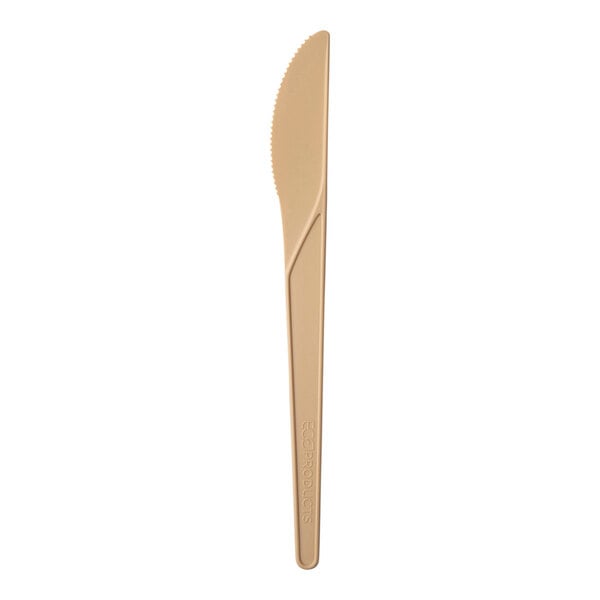 Eco-Products Plantware compostable plastic knife with a beige handle.