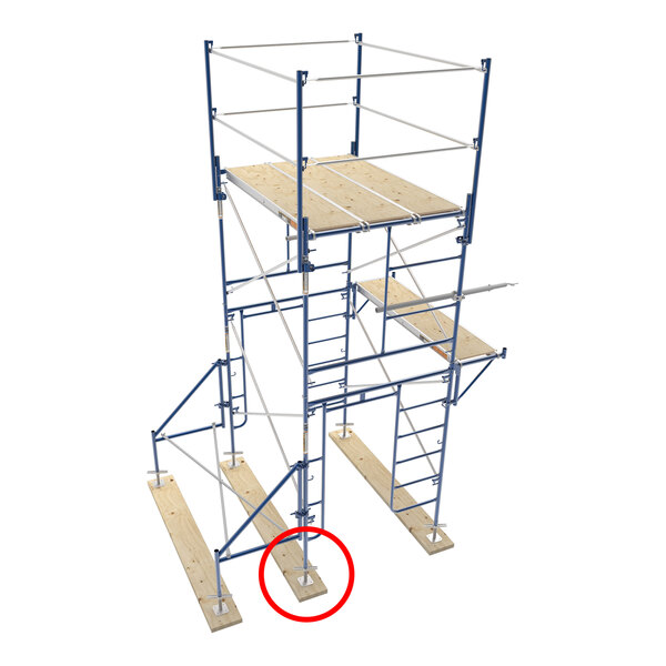 A metal adjustable leveling jack with a base plate, shown as part of a scaffold structure.