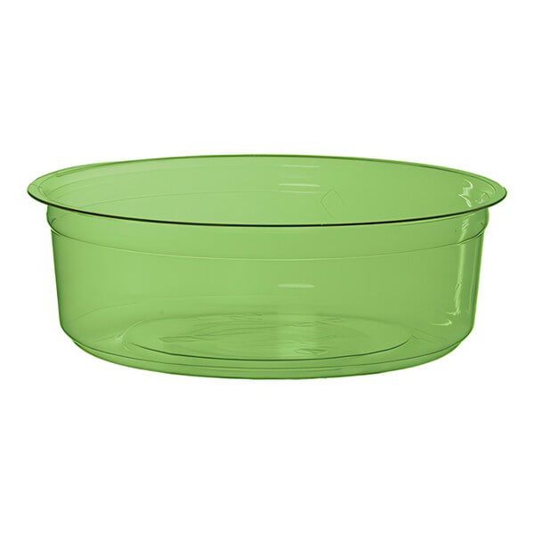 A green plastic deli container with a white background.