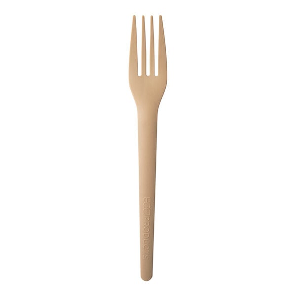 A close up of an Eco-Products beige CPLA plastic dinner fork with a cylinder handle.