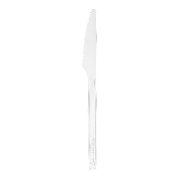 A white Eco-Products Cutlerease compostable plastic knife.