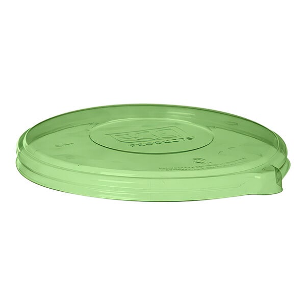 A green Eco-Products plastic flat lid with writing on it.