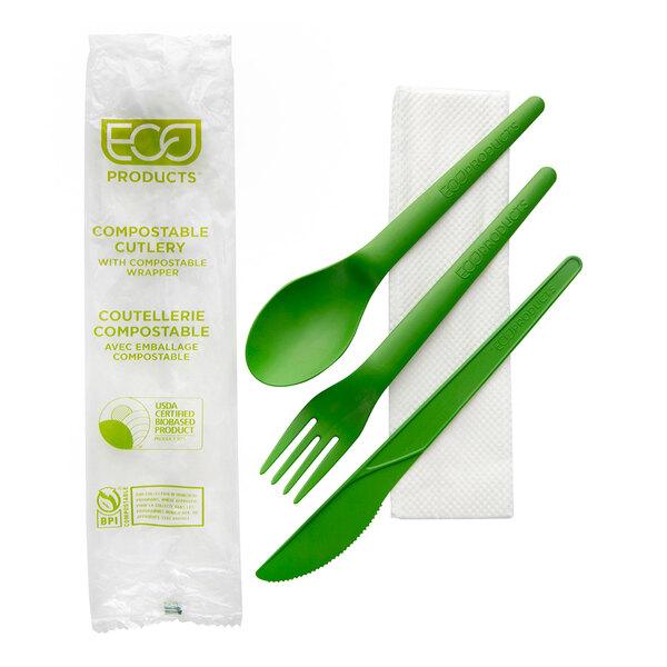 A package of Eco-Products green plastic cutlery with napkin.