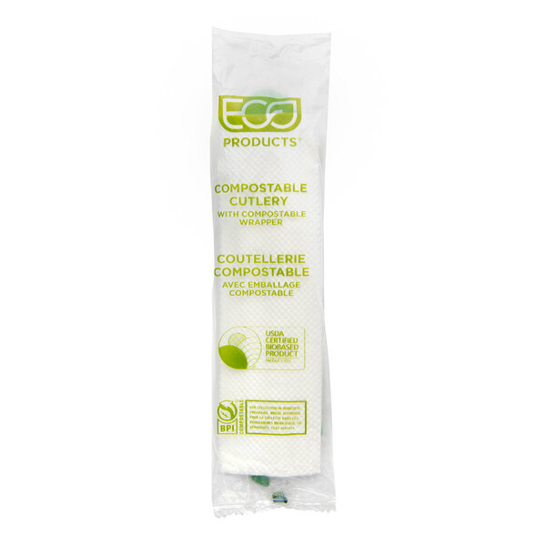 A white package with green text reading "Eco-Products Plantware" containing assorted green cutlery wrapped in compostable packaging.