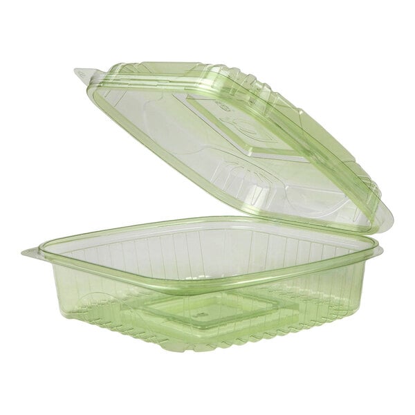 A clear Eco-Products green plastic container with lid.