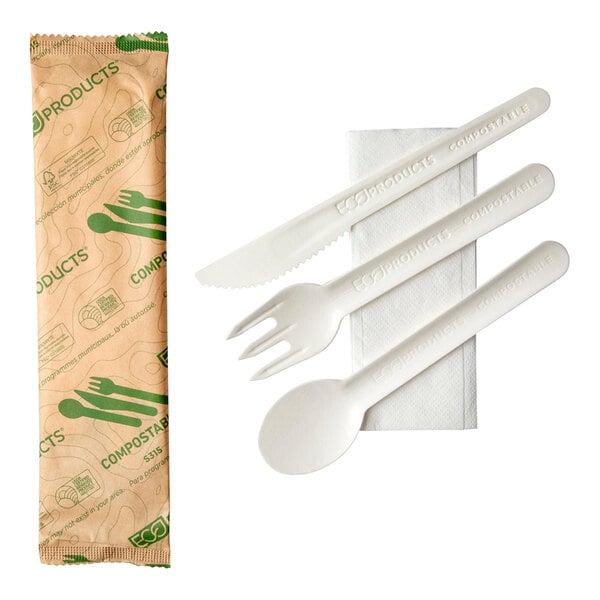 A package of Eco-Products white compostable plastic utensils and napkin.