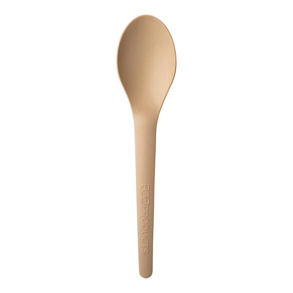 A close-up of an Eco-Products beige compostable plastic spoon with a handle.
