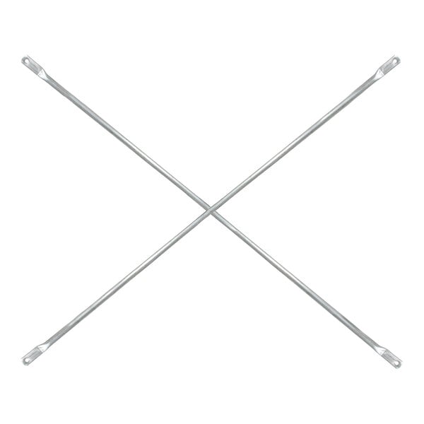 A galvanized steel scaffolding cross brace in an X shape.