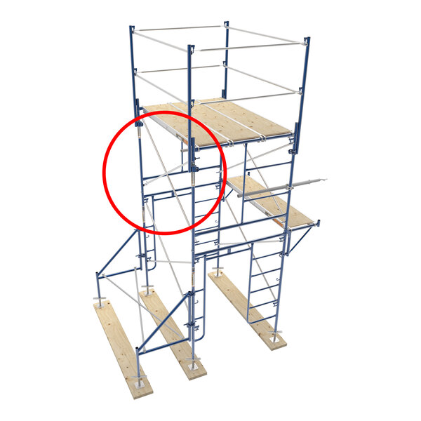 A galvanized steel scaffolding cross brace attached to a multi-level scaffolding structure.