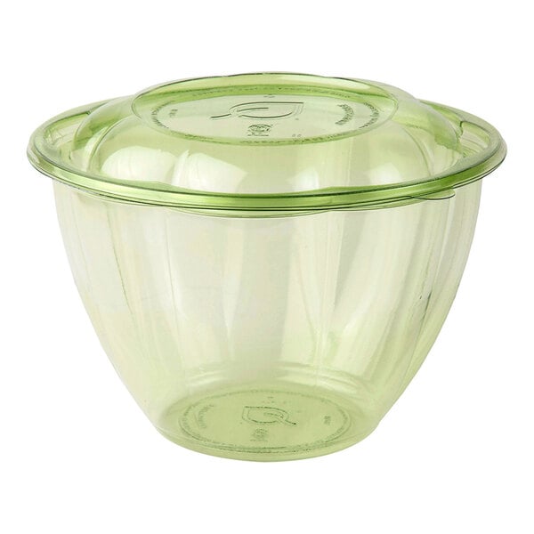 A clear Eco-Products compostable green plastic salad bowl with a green lid.
