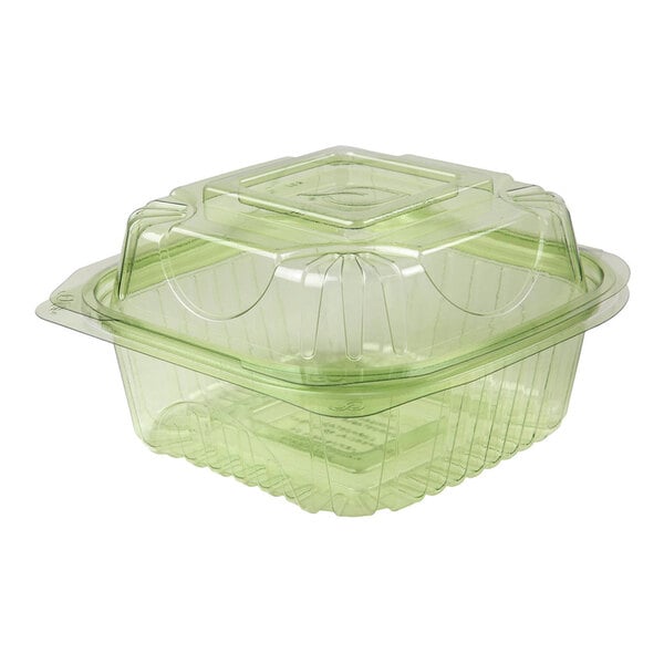 A clear Eco-Products green hinged plastic container with lid.