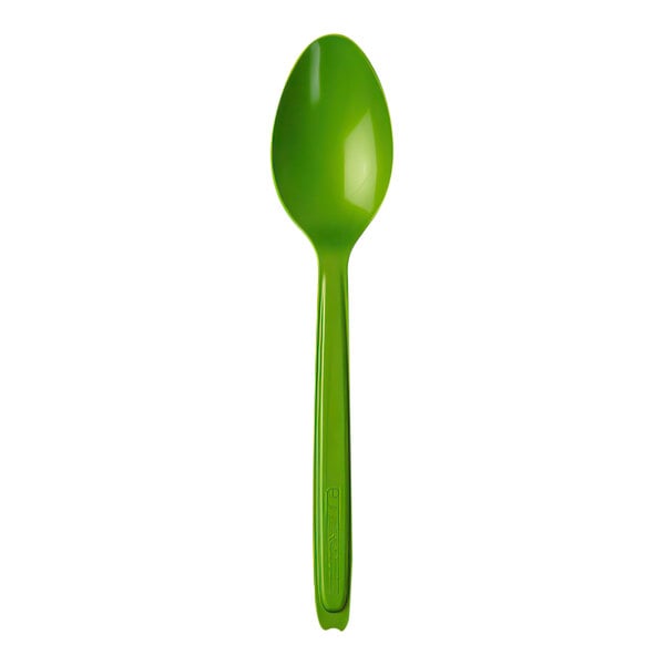 A green Eco-Products Cutlerease plastic spoon with a long handle.