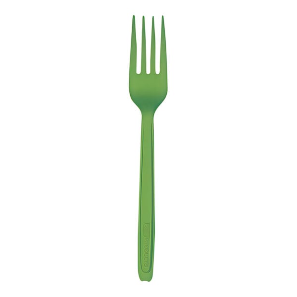 A green Eco-Products Cutlerease compostable plastic fork.