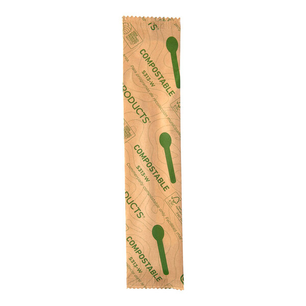 A brown compostable package of Eco-Products white molded paper spoons with green text.