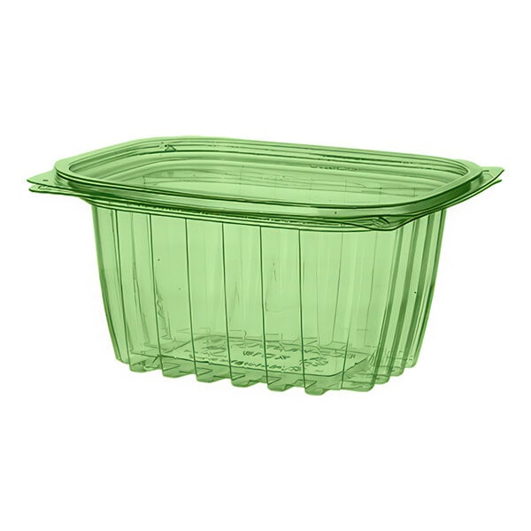 A green rectangular Eco-Products deli container with a flat lid.