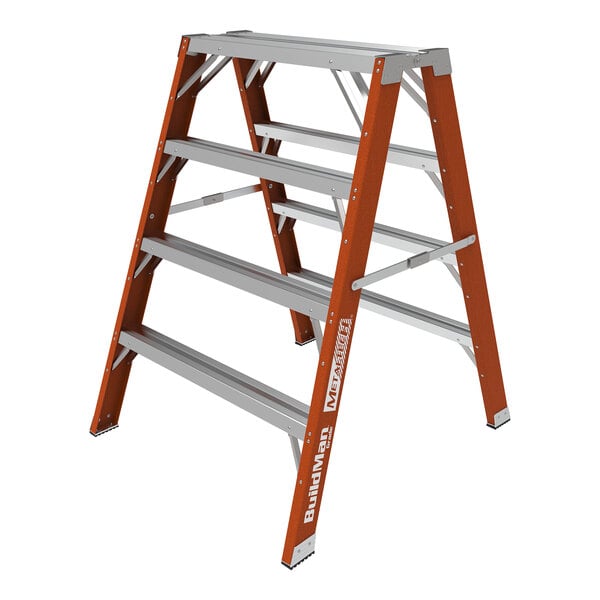 A four-step non-conductive fiberglass and aluminum workstand or sawhorse.