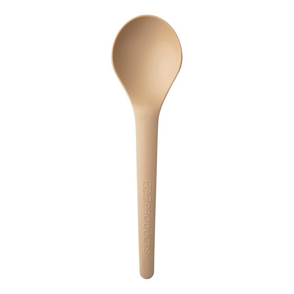 A close up of an Eco-Products beige CPLA plastic soup spoon with a handle.