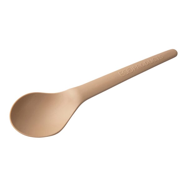 A close-up of an Eco-Products beige CPLA plastic soup spoon with a handle.