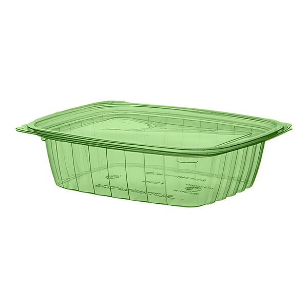 A green rectangular Eco-Products deli container with a flat lid.