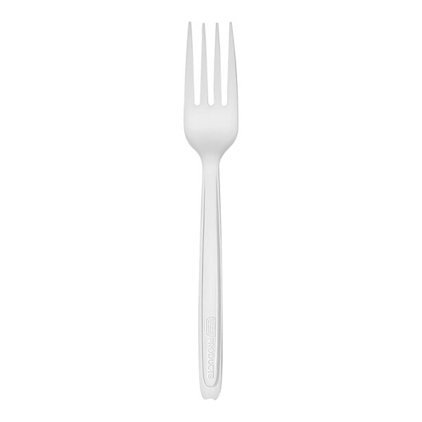 A white compostable plastic fork designed for use with Cutlerease dispensers.