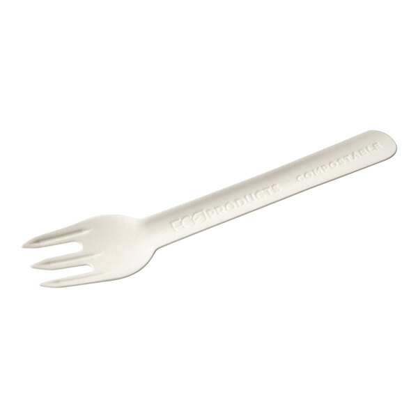 A white molded paper fork with text on it.