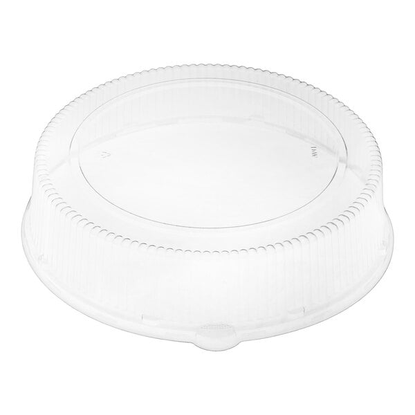 A clear, round, high dome plastic lid designed for a 16-inch catering or deli tray.