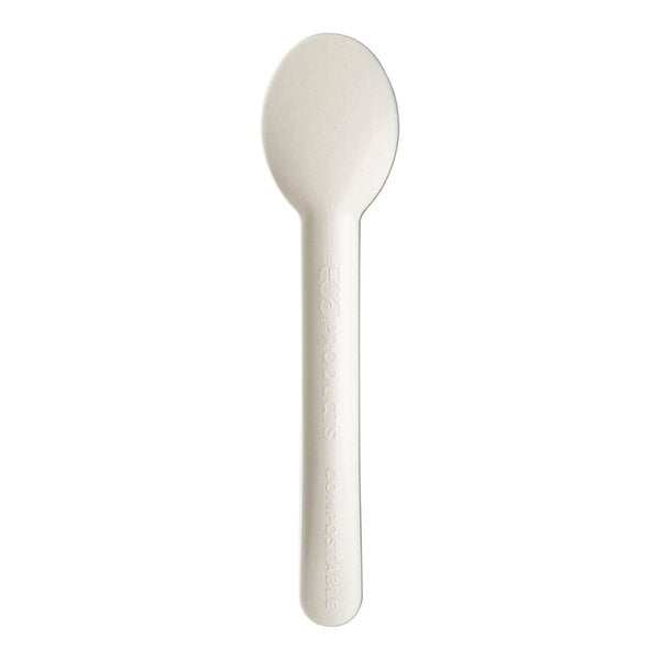 A white Eco-Products compostable molded paper spoon.