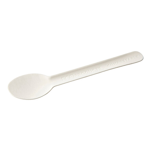 A white Eco-Products compostable molded paper spoon with text on it.