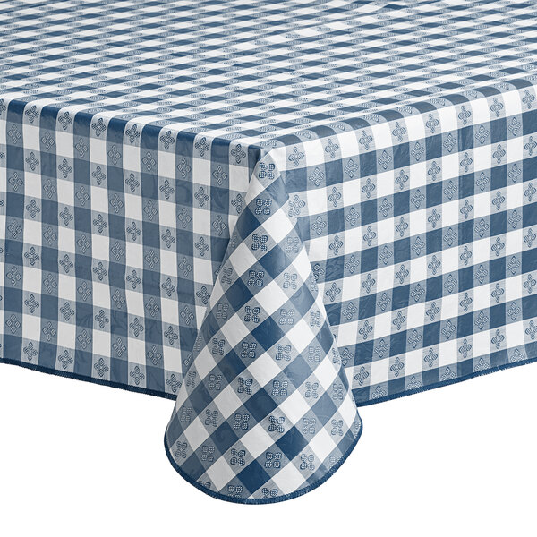 A navy and white gingham-patterned vinyl table cover with a flannel back.