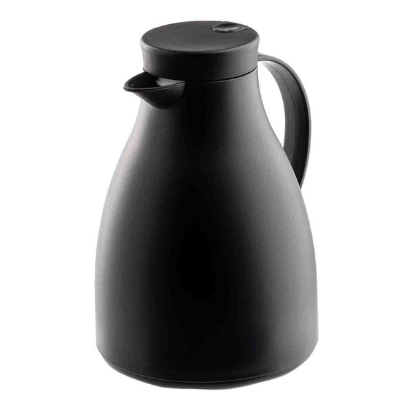 A black plastic coffee carafe with a handle and spout.