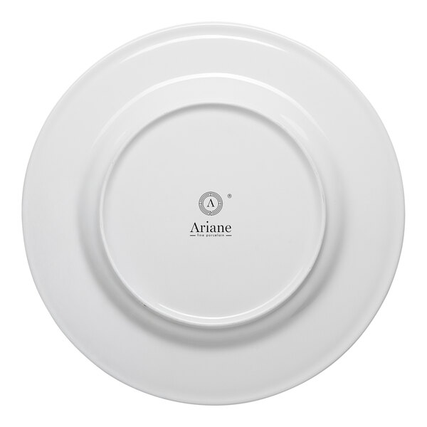 A white round porcelain plate with an embossed wide rim, shown from the bottom with the Ariane brand logo.