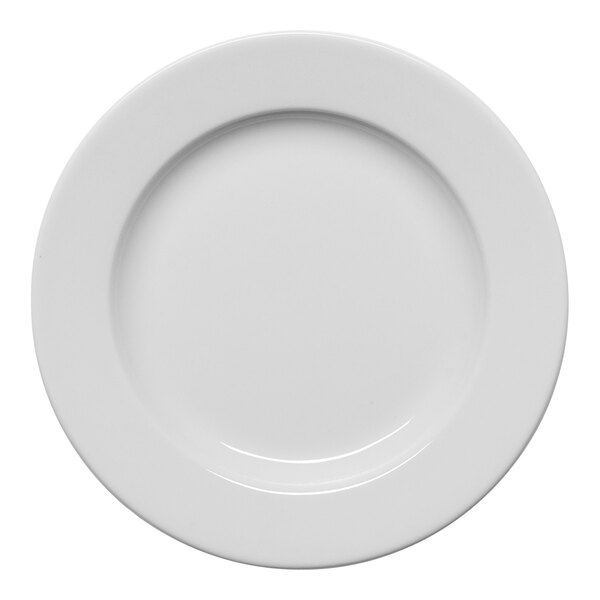 A round, warm white porcelain plate with a wide rim.