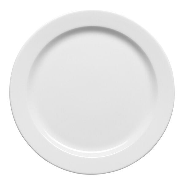 A round, warm white porcelain banquet plate with a medium rim.
