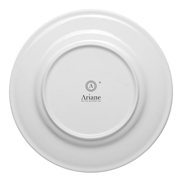 A white round porcelain plate with an embossed wide rim, shown from the bottom with the Ariane brand logo.