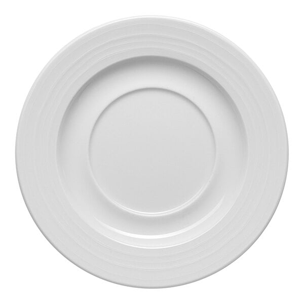 A white round embossed wide rim soup bowl saucer.