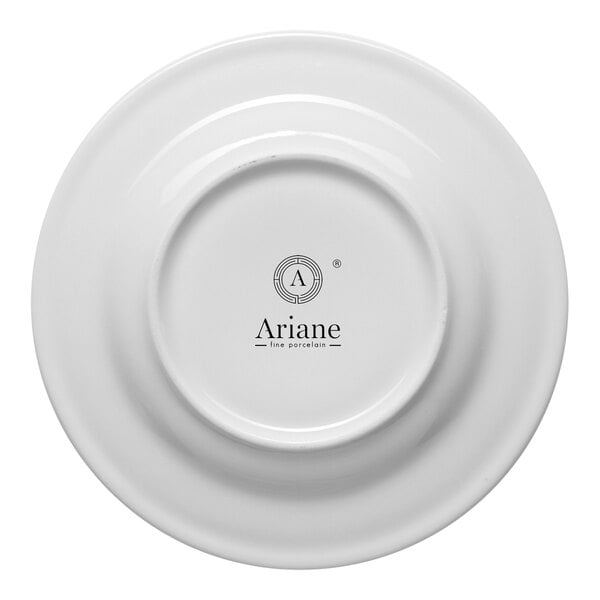 A white round porcelain saucer with an embossed wide rim, branded with the Ariane logo on the bottom.
