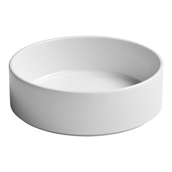 A round, warm white porcelain salad bowl with straight sides and a stackable design.