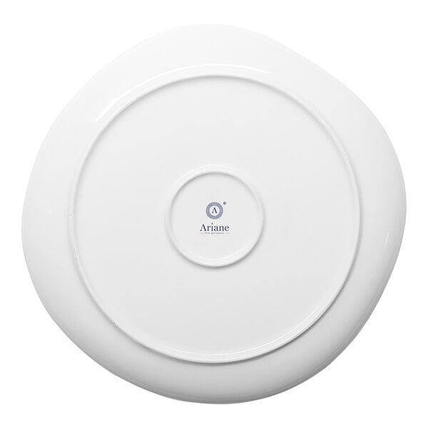 A white porcelain plate with blue text that says "Ariane Earth"