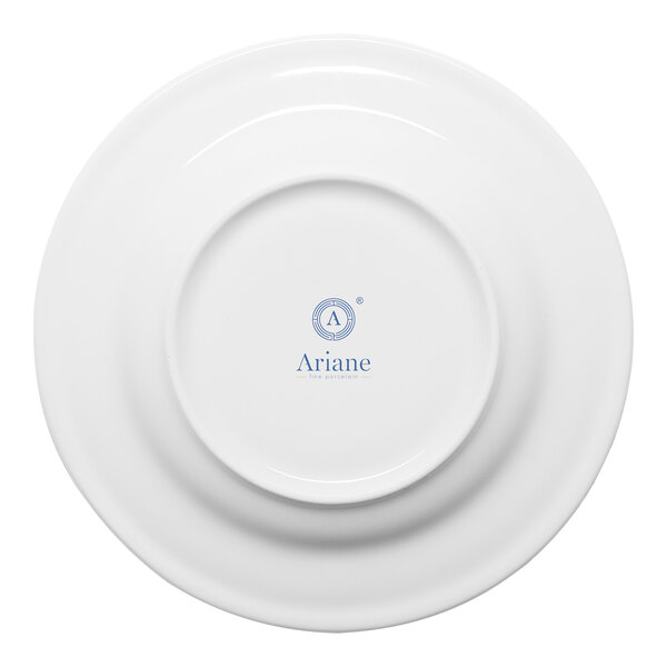 A white round porcelain soup bowl saucer with a wide rim, featuring the Ariane logo on the bottom.