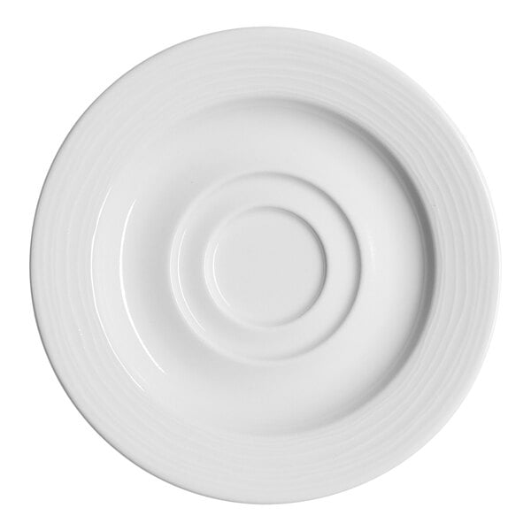A white round porcelain espresso cup saucer with an embossed wide rim.