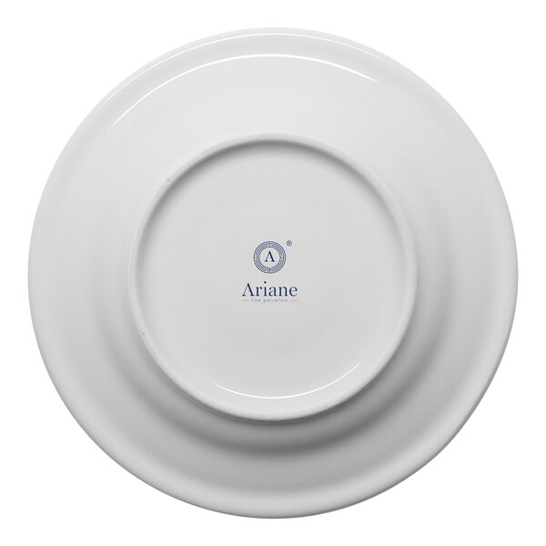 A white round porcelain espresso cup saucer with an embossed wide rim, shown from the bottom with the Ariane logo.